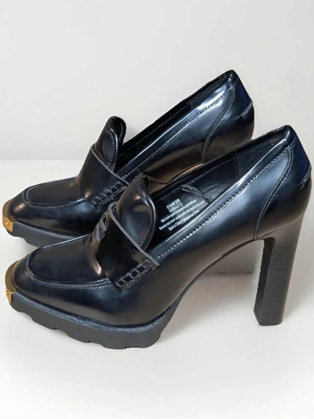 Karl Lagerfield Women's High Heel Pumps Loafers Chunky Black & Gold Logo Sz 8.5M - Picture 4 of 11